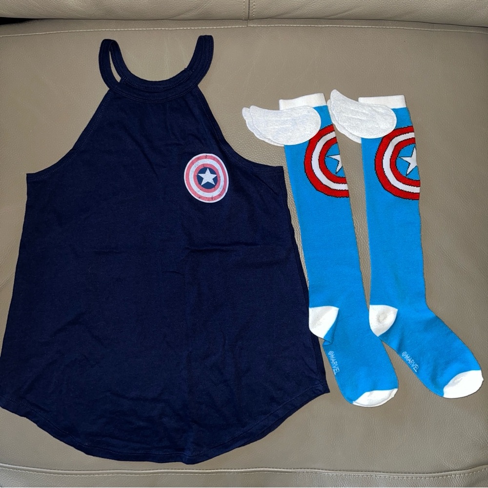 2pc MARVAL CAPTAIN AMERICA Navy Tank Top sz Women XS &Knee High Socks with Wings